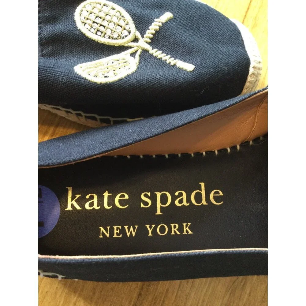 Kate Spade Double Tennis Racket Embroidered Canvas Espadrilles 7.5 Black Gold